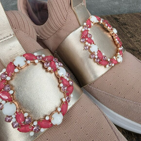 Karl Lagerfeld Charlee Slip On Sneakers 8 Gold Blush Pink Stretch Knit Crystals - Picture 6 of 16